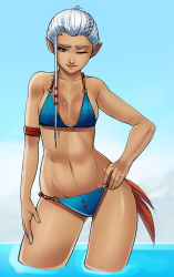 1girl ;) armband bikini blue_bikini braid breasts contrapposto eyebrows female_focus french_braid fringe_trim greenmarine hand_on_own_hip highres hyrule_warriors impa light_smile lips md5_mismatch navel nintendo nose one_eye_closed pointy_ears red_eyes resized resolution_mismatch small_breasts smile solo source_larger standing swimsuit the_legend_of_zelda wading water white_hair wide_hips