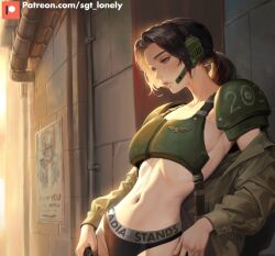 1girl armor astra_militarum black_panties brown_eyes brown_hair english_text field_radio flak_jacket i_want_you jacket lieutenant_mira long_hair medium_hair military_uniform naked_jacket navel open_clothes open_jacket panties pauldrons ponytail sgt_lonely shoulder_armor solo underwear urban warhammer_40k warhammer_40k:_space_marine