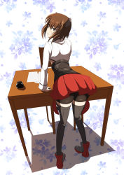 10s 1girl absurdres brown_eyes brown_hair desk female_focus floral_background from_behind full_body headgear highres inkwell kantai_collection looking_at_viewer parted_lips short_hair skirt solo taihou_(kancolle) thighhighs tt-sh white_background