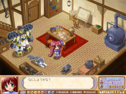1girl aoi_sora_no_neosphere book bookshelf chain dog door fake_screenshot hair_ribbon holding holding_weapon hook indoors komatsu_eiji long_hair machinery nanoca_flanka oven polearm ponytail red_hair ribbon robot rod shelf sleeping staff stairs standing stuka table tenzan tsuka uniform very_long_hair weapon