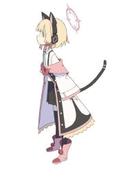 1girl animal_ear_headphones animal_ears aqua_necktie arm_at_side black_skirt black_tail black_thighhighs blonde_hair blue_archive blunt_bangs boots bow buttons cat_ear_headphones cat_ears cat_tail collared_shirt commentary fake_animal_ears fake_tail frilled_jacket frills from_side full_body hair_bow halo headphones jacket leaning_forward long_sleeves looking_ahead low-tied_sidelocks momoi_(blue_archive) multicolored_jacket necktie off_shoulder open_clothes open_jacket parted_bangs pink_boots pink_eyes pink_halo pink_jacket pleated_skirt profile red_bow school_uniform shirt shirt_tucked_in short_hair sidelocks simple_background skirt solo standing suspender_skirt suspenders tail tail_raised tareme thighhighs thighhighs_under_boots white_background white_jacket white_shirt wide_sleeves yu-hi