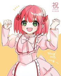 1girl :d ai_scream!_(love_live!) arms_up bow commentary_request cowboy_shot dress frilled_dress frills ganbaru_pose green_eyes highres kanduki_kamibukuro kurosawa_ruby love_live! love_live!_sunshine!! medium_hair official_alternate_costume open_mouth pink_bow pink_dress red_hair simple_background smile solo yellow_background