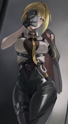 1girl black_gloves black_pants blonde_hair breasts cellphone evelyn_chevalier gloves high-waist_pants highres holding holding_phone large_breasts looking_at_viewer mirror necktie pants phone purple_eyes selfie shirt short_hair smartphone solo taking_picture tight_clothes tight_pants white_shirt yato_(yama0x1) zenless_zone_zero