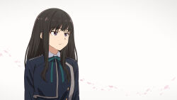 Rule 34 | 1girl, asada7101, black hair, blue jacket, blue ribbon, buttons, collared shirt, frown, grey background, highres, inoue takina, jacket, long hair, looking to the side, lycoris recoil, lycoris uniform, petals, pink petals, purple eyes, ribbon, shirt, sidelocks, solo, thumbnail collage, upper body, vignetting