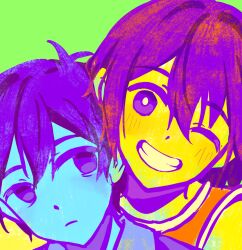 Rule 34 | 2boys, ;d, antenna hair, bailan1130, bare shoulders, blue skin, bright pupils, chinese commentary, closed mouth, collared shirt, colored skin, commentary request, double-parted bangs, empty eyes, frown, green background, grin, hair between eyes, heads together, highres, kel (faraway) (omori), kel (omori), looking at another, looking at viewer, male focus, multiple boys, no pupils, no sclera, omori, one eye closed, open mouth, orange tank top, purple eyes, purple hair, shirt, short hair, simple background, smile, sunny (omori), tank top, very short hair, yellow pupils