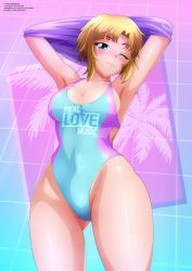 1girl :3 armpits arms_behind_head blonde_hair blue_background blue_eyes blue_one-piece_swimsuit blush breasts cleavage competition_swimsuit covered_navel cowboy_shot facing_viewer grid grid_background highres kaori_shiruko large_breasts looking_at_viewer one-piece_swimsuit one_eye_closed palm_tree pink_background removing_shirt short_hair smile solo standing swimsuit synthwave tree two-tone_background undressing wide_hips wireframe yukino_memories zel-sama