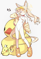 1girl absurdres animal_ears bare_shoulders bird blonde_hair blue_archive breasts bright_pupils collarbone commentary covered_navel cross_halo diamond_cutout feet fox_ears fox_girl gradient_eyes halo highleg highleg_one-piece_swimsuit highres jacket legs long-tailed_tit multicolored_eyes one-piece_swimsuit orange_eyes rubber_duck sandals seia_(blue_archive) seia_(swimsuit)_(blue_archive) side_ponytail simple_background small_breasts solo swimsuit tail tit_(bird) toes visor_cap white_background white_one-piece_swimsuit white_pupils yellow_eyes yellow_halo yellow_jacket yuuri_99530