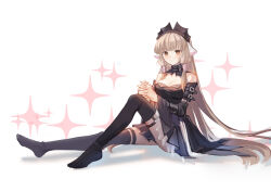 1girl animal_ears black_dress black_thighhighs blonde_hair blush breasts brown_eyes buckle chobits cleavage commentary dress freya_(chobits) frills garter_straps hair_tubes highres long_hair looking_at_viewer negai_(48282230) persocom_(chobits) robot_ears simple_background single_garter_strap sitting smile solo sparkle spoilers thighhighs variant_set very_long_hair