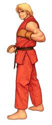 1boy absurdres barefoot blonde_hair brown_eyes capcom_vs_snk dougi facing_viewer fingerless_gloves from_side full_body game_cg gloves highres karate_gi ken_masters looking_at_viewer male_focus martial_arts_belt mma_gloves mori_toshiaki muscular muscular_male non-web_source official_art simple_background sleeveless smile solo standing street_fighter toes veins veiny_arms white_background