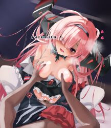 Rule 34 | 1boy, 1girl, :d, assertive female, azur lane, bare shoulders, black dress, blush, breasts, censored, clothed sex, clothes pull, commission, cowgirl position, cross, cum, cum in pussy, deep penetration, detached sleeves, dress, dress pull, evil smile, frilled dress, frills, girl on top, grabbing another&#039;s breast, groping, hair on horn, heart, horns, iron cross, leaning forward, long hair, medium breasts, nipples, no bra, no panties, off-shoulder dress, off shoulder, open mouth, penis, pink hair, prinz rupprecht (azur lane), purple eyes, pussy, pussy juice, ratunitu en, sex, shaded face, skeb commission, smile, solo, spread legs, straddling, thighhighs, vaginal, very long hair, wide sleeves