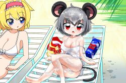 2girls alice_margatroid alternate_breast_size animal_ears beach_chair bikini blonde_hair blue_eyes blush breasts cleavage commentary_request cookie_(touhou) flour frilled_hairband frills full_body grey_hair hairband large_breasts lets0020 looking_at_viewer milk_carton mouse_ears mouse_girl mouse_tail multiple_girls nazrin open_mouth red_eyes red_hairband sexually_suggestive short_hair strap_slip swimsuit tail touhou white_bikini