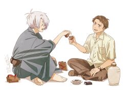 Rule 34 | 2boys, :d, ^ ^, alcohol, ashtray, bottle, cigarette pack, closed eyes, collared shirt, commentary request, cup, dress shirt, facing another, gegege no kitarou, highres, holding, holding cup, indian style, japanese clothes, kimono, kitarou tanjou: gegege no nazo, looking at another, male focus, medama oyaji (human), mizuki (gegege no kitarou), multiple boys, obi, official art, open mouth, pants, sake bottle, sash, scar, scar on face, shirt, shoes, short sleeves, signature, simple background, sitting, smile, teeth, toasting (gesture), unworn geta, upper teeth only, watch, white background, wristwatch, yatabe touko