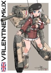 Rule 34 | 1girl, absurdres, beret, black hat, box, cannon, caterpillar tracks, hat, heart-shaped box, highres, jacket, long sleeves, mecha musume, military vehicle, miniskirt, motor vehicle, original, personification, pleated skirt, red jacket, skirt, solo, tank, tank turret, teisei misagi, union jack, valentine, valentine (tank), white skirt