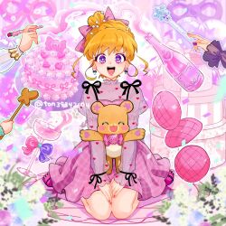 1girl 1other asahina_mirai black_nails black_ribbon blonde_hair bow earrings hair_bow hair_bun jewelry mahou_girls_precure! mahou_girls_precure!!_mirai_days mofurun_(mahou_girls_precure!) nail_polish open_mouth precure purple_eyes ribbon see-through_clothes see-through_sleeves short_hair single_hair_bun sitting smile stuffed_animal stuffed_toy teddy_bear teeth ton_(ton39342104) upper_teeth_only wariza