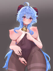 1girl @_@ absurdres ahoge bar_censor bell between_breasts black_leotard black_pantyhose blue_hair blush bodystocking bodysuit breasts breasts_out censored cleft_of_venus clothes_between_breasts clothes_pull clothing_aside covered_navel crotch ganyu_(genshin_impact) genshin_impact gluteal_fold groin highres horns jewelry large_breasts leotard leotard_aside leotard_under_clothes long_hair looking_at_viewer naoonaao neck_bell nipples pantyhose pulling_own_clothes purple_eyes pussy sidelocks solo sweat thighlet thighs torn_clothes torn_pantyhose
