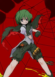 Rule 34 | 1girl, antennae, black cape, black gloves, black shorts, breasts, bug, cape, center frills, centipede, closed mouth, collared shirt, commentary request, cowboy shot, frills, gloves, green eyes, green hair, grey shirt, kazuiyun, looking at viewer, puffy short sleeves, puffy sleeves, red background, red cape, shirt, short hair, short sleeves, shorts, silk, small breasts, smile, solo, spider web, touhou, two-sided cape, two-sided fabric, v-shaped eyebrows, wriggle nightbug