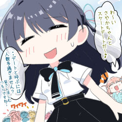 Rule 34 | 6+girls, :d, ^ ^, black bow, black bowtie, black hair, black skirt, blue shirt, blush, bow, bowtie, buttons, ceras yanagida lilienfeld, ceras yanagida lilienfeld (summer casual), closed eyes, collared shirt, double-breasted, hair ornament, half updo, hat, hinoshita kaho, hinoshita kaho (summer casual), kachimachi kosuzu, kachimachi kosuzu (summer casual), katsuragi izumi, katsuragi izumi (summer casual), link! like! love live!, long hair, love live!, momose ginko, multiple girls, murano sayaka, murano sayaka (summer casual), musical note, navyblue konjac, official alternate costume, open mouth, orange hair, osawa rurino, pleated skirt, rabbit hair ornament, raised inner eyebrows, shirt, short sleeves, skirt, smile, solo focus, speech bubble, spoken musical note, sun hat, translation request, two side up, virtual youtuber, white shirt
