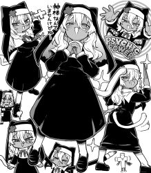 1girl absurdres animal_ears cat_ears cat_girl cat_tail cross crucifix dark-skinned_female dark_skin greyscale hair_between_eyes highres monochrome multiple_persona nekonyan_(inaba31415) nun original simple_background tail traditional_nun white_background