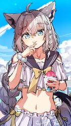 Rule 34 | 1girl, absurdres, ahoge, animal ear fluff, animal ears, aqua eyes, bikini, blue eyes, blue sky, blush, bow, bowtie, braid, cloud, cloudy sky, collarbone, day, earrings, eating, food, fox ears, fox girl, fox tail, grey hair, hair between eyes, highres, holding, holding food, hololive, holonatsu paradise, jewelry, long hair, looking at viewer, midriff, navel, official alternate costume, outdoors, sailor collar, scrunchie, shaved ice, shirakami fubuki (holonatsu paradise), shirt, sidelocks, signature, single braid, skirt, sky, solo, swimsuit, tail, u da desu, virtual youtuber, white skirt, wrist scrunchie, yellow bow
