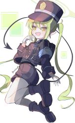 1girl absurdres blue_archive blue_hat blue_jacket blue_shoes blue_shorts buttons commentary_request demon_girl demon_tail earrings gloves green_hair hat highres jacket jewelry long_hair mufetojiiba_(magallan) nozomi_(blue_archive) pantyhose pointy_ears shoes shorts simple_background solo tail twintails white_background white_gloves white_pantyhose