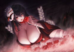 Rule 34 | 1girl, absurdres, azur lane, bandaged leg, bandaged neck, bandages, bare shoulders, black hair, breasts, cleavage, collarbone, eyebrows hidden by hair, flower, hair between eyes, highres, holding, holding flower, horns, huge breasts, iori (nanonamuco), japanese clothes, kimono, long hair, looking at viewer, mask, mask on head, oni mask, red bandage, red eyes, red kimono, rope belt, solo, spider lily, taihou (azur lane), taihou (meta) (azur lane), tongue, tongue out, traditional youkai, very long hair