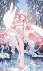 Rule 34 | 1girl, barefoot, blush, breasts, commission, covered eyes, detached sleeves, dress, feet, fh moya, fingernails, frilled dress, frills, gradient hair, hair bun, hair intakes, hairband, highres, long hair, multicolored hair, nail polish, navel, nipples, original, outdoors, pink hair, pink nails, short sleeves, single side bun, single thighhigh, sitting, snowing, solo, stomach, thighhighs, thighs, toes, tree, water, white blindfold, white dress, white hairband, white sleeves, white thighhighs, white wings, wings
