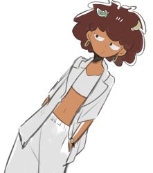 1girl absurdres amphibia anne_boonchuy brown_hair crop_top dark-skinned_female dark_skin dutch_angle earrings half-closed_eyes hands_in_pockets highres jacket jewelry leaf leaf_on_head looking_to_the_side o3o open_clothes open_jacket pants samui522 short_hair solo watch white_background wristwatch