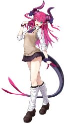 1girl absurdres asymmetrical_horns blue_eyes blush curled_horns dragon_girl dragon_tail elizabeth_bathory_(fate) elizabeth_bathory_(fate/extra) fate/extra fate/extra_ccc fate/grand_order fate_(series) hair_ornament hair_ribbon highres horns long_hair looking_at_viewer loose_socks pink_hair plaid_clothes plaid_skirt pointy_ears ribbon school_uniform shirt simple_background skirt smile socks solo suien tail uneven_horns white_shirt