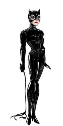 1girl alexbadass animal_ears batman_(series) batman_returns black_bodysuit black_corset black_eyeshadow black_gloves black_mask blue_eyes bodysuit boots breasts cat_ears catwoman catwoman_costume_(batman_returns) claws corset dc_comics eyeshadow full_body gloves holding holding_whip large_breasts lipstick makeup mask pale_skin red_lips selina_kyle solo stitches whip