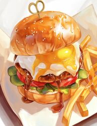 burger commentary_request egg_(food) food food_focus french_fries highres kodak_painter lettuce no_humans original sauce still_life tomato tomato_slice