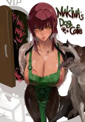 Rule 34 | 1girl, absurdres, apron, bite mark, braid, braided ponytail, chainsaw man, dog, green apron, highres, implied bestiality, looking at viewer, makima (chainsaw man), mamimi (mamamimi), nipple slip, nipples, pantyhose, red hair, ringed eyes, saliva, sweat, yellow eyes