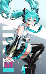 absurdres aqua_eyes aqua_hair aqua_nails aqua_necktie black_skirt black_sleeves black_thighhighs detached_sleeves grey_shirt hatsune_miku headphones headset highres long_hair necktie shirt skirt thighhighs twintails very_long_hair vocaloid wuhe2233pz zettai_ryouiki