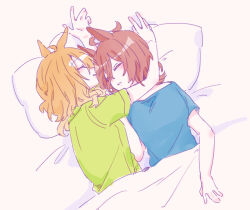 2girls absurdres agnes_tachyon_(umamusume) arm_up bed_sheet blue_shirt brown_hair closed_eyes eyes_visible_through_hair green_shirt hair_between_eyes hair_over_one_eye highres jungle_pocket_(umamusume) lying multiple_girls on_back on_side parted_lips pillow seila_rei shirt short_sleeves sleeping_together umamusume under_covers