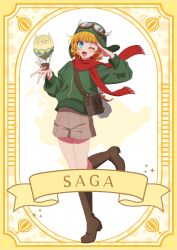 1girl absurdres aqua_eyes bag blonde_hair blush boots brown_boots brown_shorts goggles goggles_on_head goggles_on_headwear green_hat green_jacket green_sweater hat highres horns jacket leg_up long_sleeves looking_at_viewer medium_hair memcho official_art one_eye_closed open_mouth oshi_no_ko red_scarf scarf short_hair shorts shoulder_bag simple_background solo sweater sweater_jacket white_background