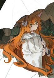1girl animal_ears brown_hairband cat_ears freckles green_eyes hairband highres holding holding_umbrella ishid0ru ishmael_(project_moon) limbus_company long_hair long_sleeves orange_hair project_moon solo umbrella