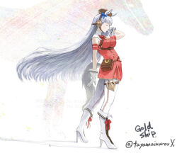 1girl animal_ears blunt_bangs boots bow bowtie breasts closed_eyes closed_mouth creature_and_personification dress full_body gloves gold_ship_(umamusume) grey_hair high_heel_boots high_heels holding horse horse_ears horse_girl horse_tail inuyama_tarou long_hair pantyhose personification pillbox_hat red_bow red_bowtie red_dress shoes sleeveless sleeveless_dress smile solo standing tail thighhighs umamusume very_long_hair white_gloves white_pantyhose