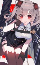 Rule 34 | 1girl, :d, arcaea, black gloves, black ribbon, black skirt, black thighhighs, border, breasts, cleavage, cleavage cutout, clothing cutout, clover 39, collared shirt, fang, flower, gloves, grey hair, hair flower, hair ornament, hand on own cheek, hand on own face, hand on own thigh, highres, ilith (arcaea), jacket, jacket on shoulders, large breasts, looking at viewer, medium hair, neck ribbon, open mouth, outside border, red background, red eyes, ribbon, shirt, side slit, skirt, sleeveless, sleeveless shirt, smile, solo, thigh strap, thighhighs, twintails, white border, white shirt