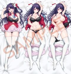 1girl :d :o armpits ass black_bra black_panties blank_censor blush bra breasts censored closed_mouth clothes_down clothing_aside collarbone dakimakura_(medium) feet from_above groin hair_ornament hoshino_ai idol large_breasts licking_lips long_hair looking_at_viewer lying navel nipples on_back one_side_up open_mouth oshi_no_ko panties panties_around_leg pink_eyes pink_skirt presenting purple_hair rabbit_hair_ornament rank_alee sample_watermark skirt smile solo star_(symbol) star_in_eye symbol_in_eye teeth thighhighs tongue tongue_out underwear undressing unworn_bra unworn_shirt unworn_skirt upper_teeth_only watermark white_thighhighs