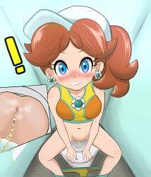! anus ass bare_legs blue_eyes blush bottomless bra brown_hair clitoris dirty_ass earrings embarrassed eyelashes fart flower_earrings groin hat huge_ass jewelry legs looking_at_viewer mario_(series) mario_kart mario_kart_world nervous nintendo peeing perineum ponytail pov princess princess_daisy public_restroom pussy shorts sitting stained_swimsuit surpried swimsuit toilet toilet_use tomboy underwear