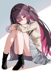 1girl ascot asymmetrical_dress azki_(4th_costume)_(hololive) azki_(hololive) black_hair blush braid closed_mouth collared_dress colored_inner_hair commentary_request dress hair_intakes half_up_half_down_braid high_heels highres hololive knees_up long_hair looking_at_viewer multicolored_hair panties pantyshot pink_hair purple_eyes skirt_under_dress smile solo tauta_(meshia8787) thighs underwear virtual_youtuber white_ascot white_hair white_panties