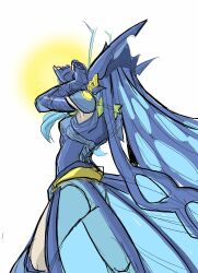 armor armored_boots armored_gloves armored_leotard blue_hair boots bug butterfly butterfly_wings digimon digimon_(creature) gloves headgear helmet hudiemon insect insect_wings leotard long_hair ph6xeivbgpimggg see-through_clothes see-through_skirt skirt tinted_eyewear wings yellow-tinted_eyewear