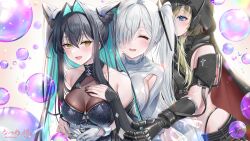3girls armor black_armor black_dress black_hair black_nails black_panties black_shorts blonde_hair blue_eyes blue_hair breasts cinderella_(nikke) cleavage closed_eyes colored_inner_hair dress gloves goddess_of_victory:_nikke grave_(nikke) highleg highleg_panties highres large_breasts little_mermaid_(nikke) long_hair mechanical_arms multicolored_hair multiple_girls nail_polish natsume_koji open_mouth panties shorts single_mechanical_arm smile twintails two-tone_hair underwear very_long_hair white_dress white_gloves white_hair yellow_eyes