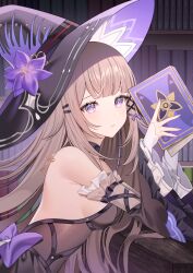 1girl bare_shoulders black_choker black_dress black_hat book bookshelf breasts brown_hair choker closed_mouth commentary detached_sleeves dress elbow_rest expressionless flower from_side glint hair_ornament hands_up hat hat_flower herta_(honkai:_star_rail) highres holding holding_book honkai:_star_rail honkai_(series) indoors key large_breasts long_hair looking_at_viewer nail_polish purple_eyes purple_flower purple_nails solo strapless strapless_dress the_herta_(honkai:_star_rail) umireki upper_body wide_sleeves witch_hat