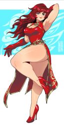 1girl 333_(dqqqdle) arm_behind_head armpits artist_name belt blue_eyes breasts brooch china_dress chinese_clothes cleavage cleavage_cutout closed_mouth clothing_cutout collared_dress commission curvy dress from_side full_body gloves gold_trim highres jewelry knee_up large_breasts long_hair looking_at_viewer niao_sun red_gloves red_hair red_heels red_lips second-party_source shenmue shenmue_iii sidelocks smile solo swept_bangs thick_arms thick_thighs thighs two-tone_background