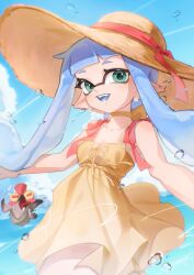 Rule 34 | 1girl, absurdres, blue hair, blue sky, chu u0spl, cloud, dress, green eyes, hat, highres, inkling, inkling girl, inkling player character, long hair, looking at viewer, nintendo, open mouth, outdoors, outstretched arms, pointy ears, sky, smallfry (splatoon), smile, solo, splatoon (series), splatoon 3, sun hat, tentacle hair, yellow dress