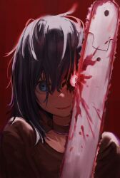 1girl blood bloody_weapon blue_eyes blue_hair blush chainsaw choker commentary_request cracked_skin crazy_mita_(miside) crazy_smile glowing glowing_eye highres looking_at_viewer miside mita_(miside) open_mouth red_background red_choker red_eyes red_shirt shirt short_hair smile solo urhika weapon