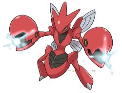 full_body gen_2_pokemon gigobyte350 insect_wings nintendo pincers pokemon pokemon_(creature) scizor simple_background solo standing white_background wings yellow_eyes