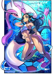 Rule 34 | 1girl, bikini, black hair, blue eyes, blue hair, breasts, dark-skinned female, dark skin, gen 3 pokemon, highleg, jhonssecret, long hair, medium breasts, milotic, nessa (pokemon), nintendo, pokemon, pokemon swsh, sideboob, sunlight, swimsuit, underwater, very long hair