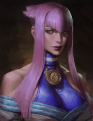 1girl absurdres bare_shoulders blue_eyes breasts commentary english_commentary highres impossible_hair manon_legrand medallion pink_hair short_hair_with_long_locks sidelocks solo street_fighter street_fighter_6 upper_body yc_yorkchow