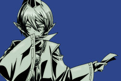 1girl androgynous between_fingers blue_background commentary_request covering_own_mouth dragon_quest dragon_quest_x greyscale_with_colored_background hat holding holding_ofuda holding_paper japanese_clothes looking_to_the_side medallion ofuda ofuda_between_fingers ozogori_(user_tzaz2447) paper pointy_ears short_hair solo tokin_hat upper_body yoi_(dq10)